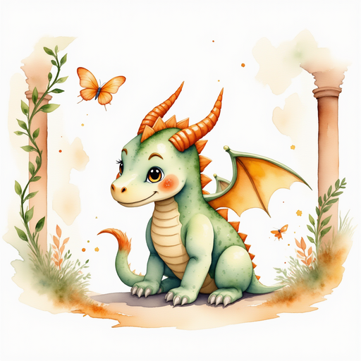 Ember Flare walks softly behind the Butterfly Knight, head bowed slightly In the background, vines drape over broken pillars