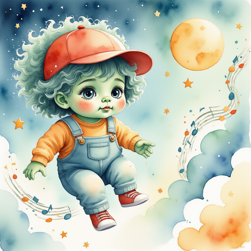 Zigzag Zander drifts through swirling musical notes in a dream. In the background, a dreamy sky with sparkling stars.