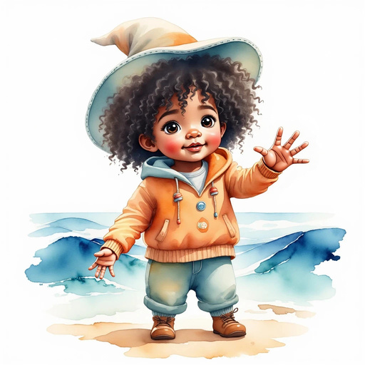 Zippy Zapata, wearing his pointy hat, waves at the bright water. In the background, the sky is light blue.