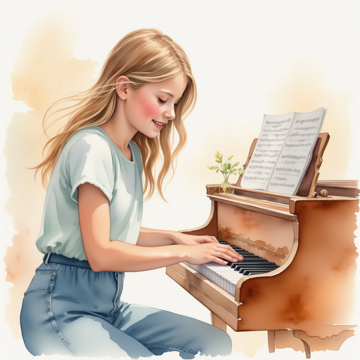 Vivian playing the note on her piano, with a smile on her face.