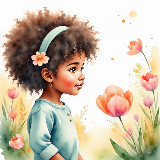 The hopeful tulip peers up at Lele and Sparkle from the garden floor as they set off on their quest. In the background, a bright pathway winding through the lively garden.