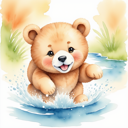 Molly splashing into the sparkling water with a joyful leap. In the background, dappled sunlight on the playful stream.