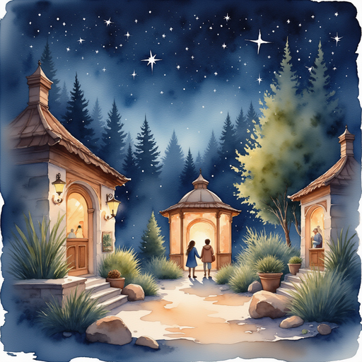 A glowing lantern illuminating a small outdoor gallery space, filled with softly glowing lights and shadowed figures sharing stories. A darkening sky with a sprinkle of early stars.