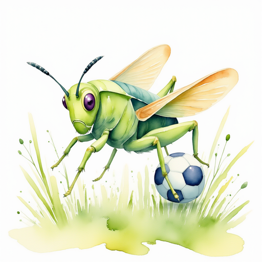 Buzzywhirl fluttering next to the soccer ball In the background, fresh green lines mark the field