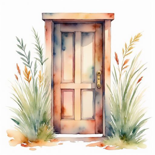 A wooden door covered in colorful images, framed by gold hinges. In the background, tall branches twist around the doorway