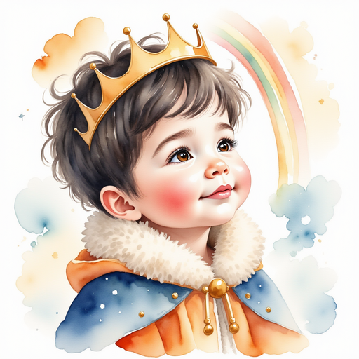 King Doodle Bum gazes upward in awe at the gently swirling clouds. In the background, a faint rainbow arc emerging through the mist.