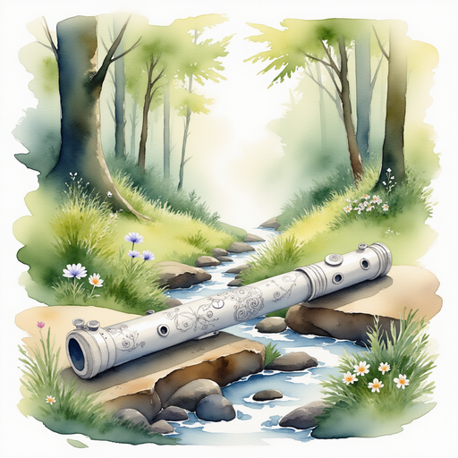 A magical flute, crafted from silver and decorated with intricate designs, lying on a flat stone surrounded by forest flowers. In the background, a serene forest clearing with a gentle stream meandering through invokes tranquility.