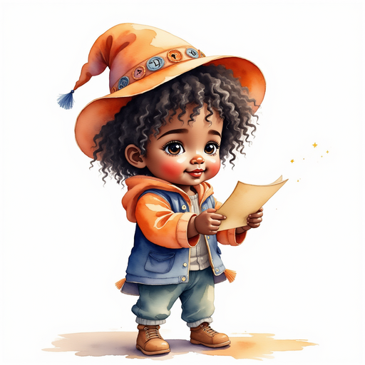 Zippy Zapata wearing a pointy hat, looking at a folded piece of paper with wide eyes. In the background a small table with pumpkin pie.