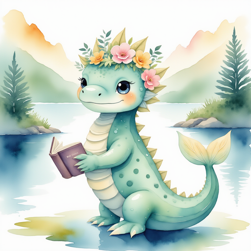 Nessie Sparkles stands by the water, holding a small, colorful book. In the background, the misty mountains
