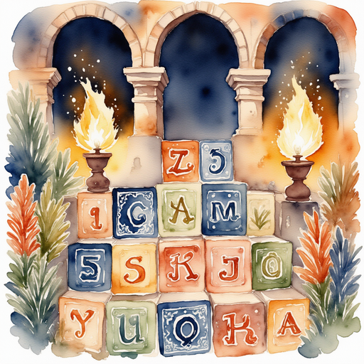 Tiles bearing exotic letters arranged in bright patterns. In the background, old stone walls illuminated by flickering torches.