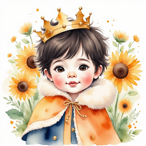 King Doodle Bum with a chocolate smudge on his cheek In the background, the tall sunflowers sway gently