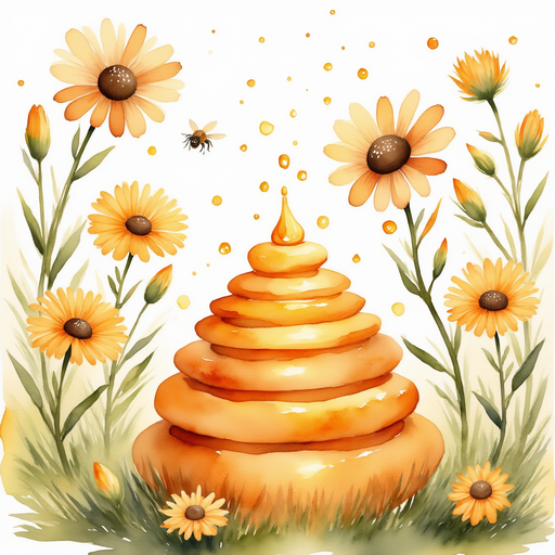 Little bits of honey shine on the sticks, forming a new hive shape. In the background stands tall, magical flowers.