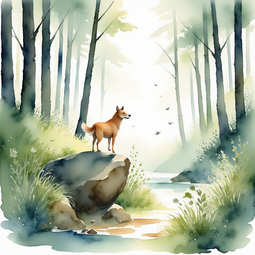 Portray the sparkling invitation resting on the mossy rock. In the background, soft shadows dance among slender tree trunks
