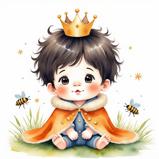 King Doodle Bum sitting on the grass, looking surprised In the background, small beetles clap their feelers