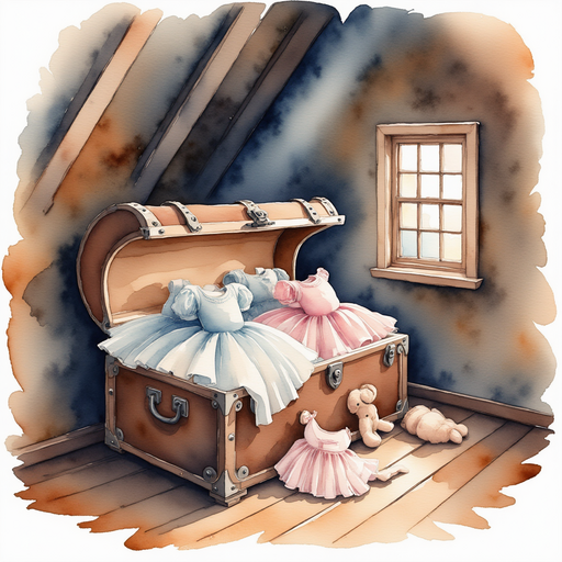An old, mysterious trunk in the corner of the attic, half-open and filled with colorful vintage ballet costumes spilling out. In the background, dusty beams of light stream through a small attic window.