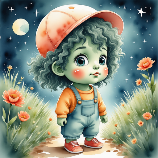 Bloss standing beside Zigzag Zander, petals glowing gently in the moonlight. In the background, silhouettes of leafy bushes sway in a gentle breeze.