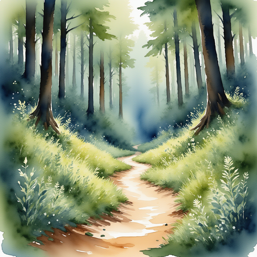 A tangled collection of forest paths, each curving in different directions. In the background towering tree trunks hidden in thick bushes