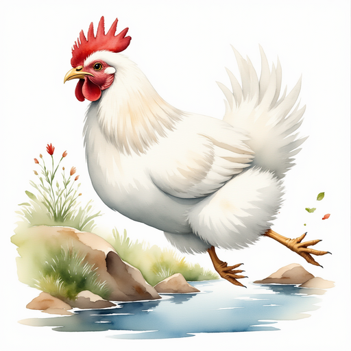 Cluckster leaping across a narrow creek In the background, rocks scattered along the water