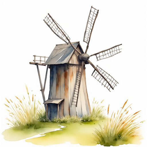 An old wooden windmill with spinning blades creaks in the gusts. In the background, tall grass waves in the strong wind