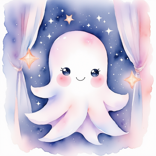 Glimmer Puff admiring a cluster of glowing memory stars In the background: Silvery curtains draped along crystal walls