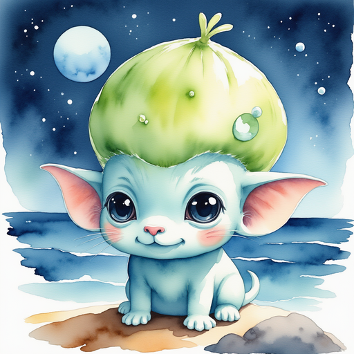 Zibloo peers at the moonlit water from a rock near the harbor. In the background, the wide ocean shimmers under the moonlight.