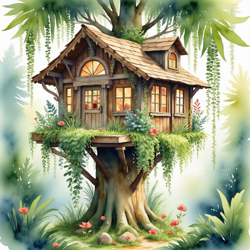 Illustrate a treehouse nestled in a dense jungle, adorned with vines and colorful flowers. In the background, lush jungle foliage.