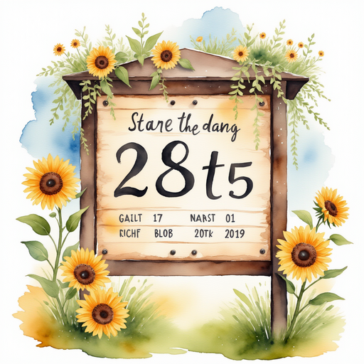 A tall wooden scoreboard with big painted numbers In the background, bright petals from the sunflowers stand out