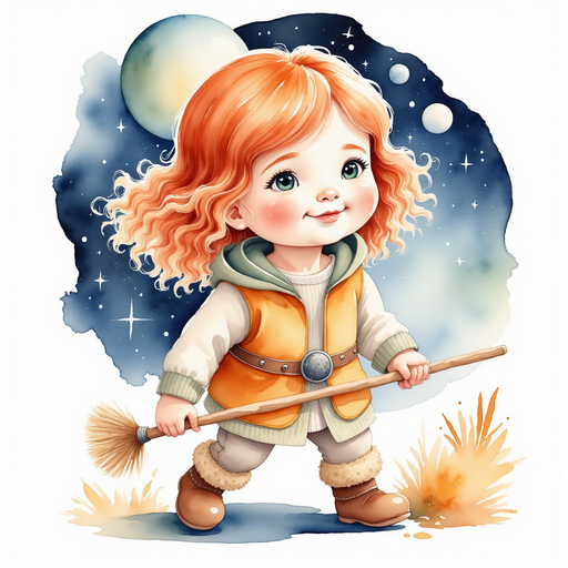 Bolda uses a cosmic broom to sweep the floor with a focused expression. In the background, faint planets glow