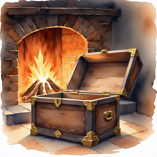 An old wooden chest with golden hinges sits open beside a roaring hearth. In the background, a flickering flame