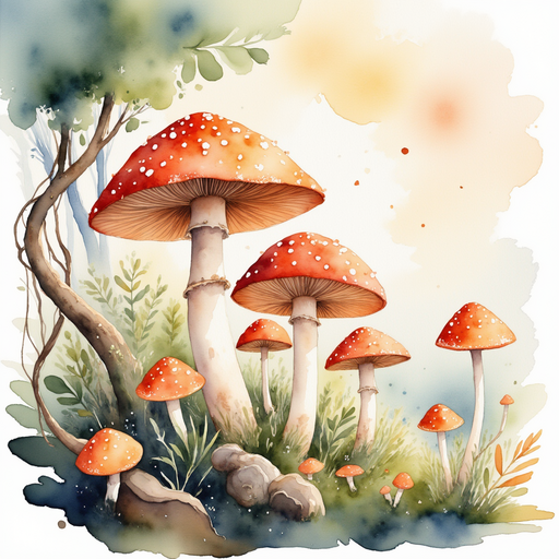 A cluster of shining mushrooms spreading soft lights. In the background, curling vines wrap around old tree roots.