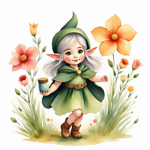 Flicker Sparkleaf twirling with the paint jar in her hand. In the background, giant flowers loom with wide, colorful petals