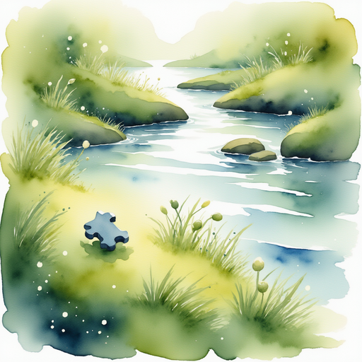A small silver puzzle piece twinkles on soft moss. In the background, singing streams flow quietly.
