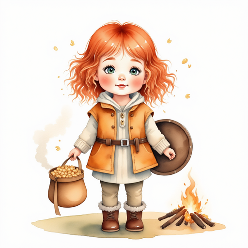 Bolda the Bright holding a pouch of roasted oats and berries. In the background, gentle smoke rises from a campfire.