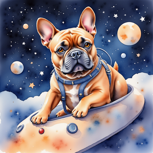A caramel french bulldog steering his spaceship away from a meteor shower.