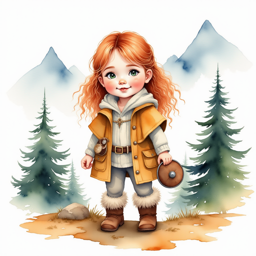 Bolda the Bright stands at the edge of the cloudy peak, wearing a fur cloak and holding a small scroll bag. In the background, tall pine trees peek through the fog.