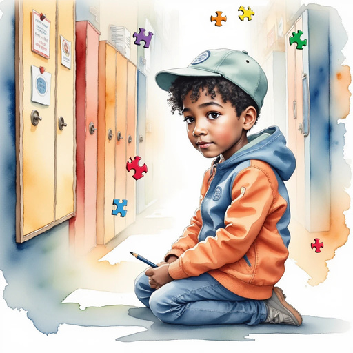 AriYah kneels beside a bulletin board, pencil in hand, studying a bright poster. In the background, tall lockers line the corridor in neat rows.