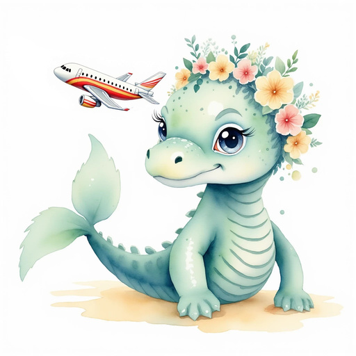Nessie Sparkles with her long tail curled awkwardly near the plane’s door. In the background are other parked airplanes nearby.