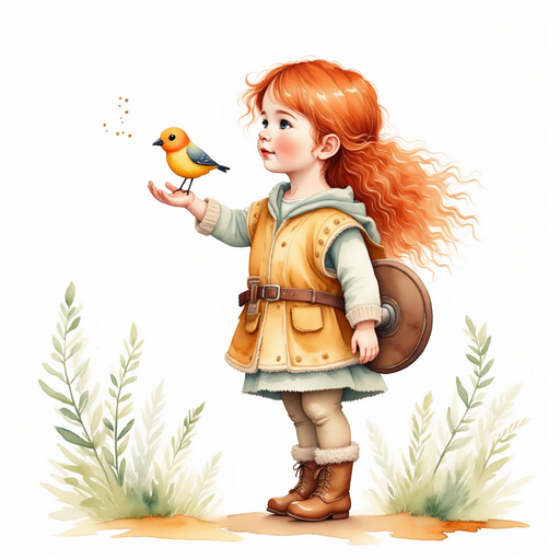 Bolda stretches her hand toward a small, bright-feathered bird. In the background branches intertwine like a natural tapestry