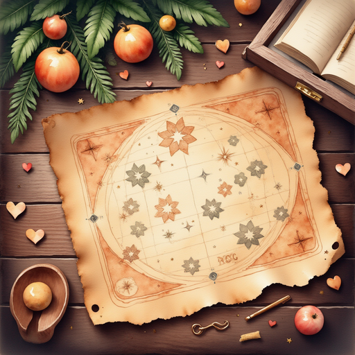 A worn parchment map decorated with little heart-shaped symbols and glowing letters. In the background, a wooden table