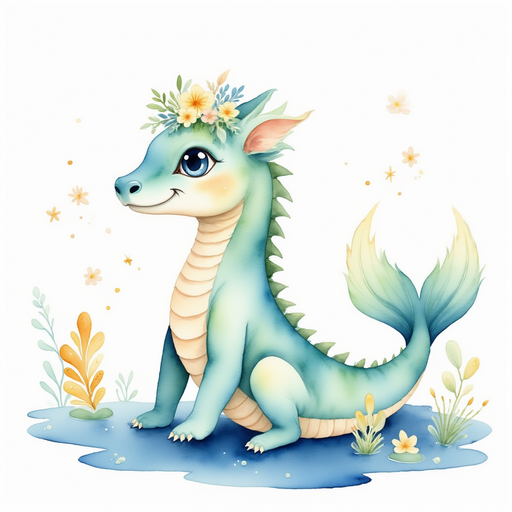 Nessie Sparkles follows the otter upstream, her neck bowed in thought. In the background, bright pebbles shimmer beneath shallow water.