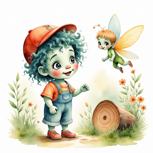 Show Zigzag Zander happily nodding toward the fairy, who stands near a small puzzle corner. In the background, thick vines curl around a fallen log.