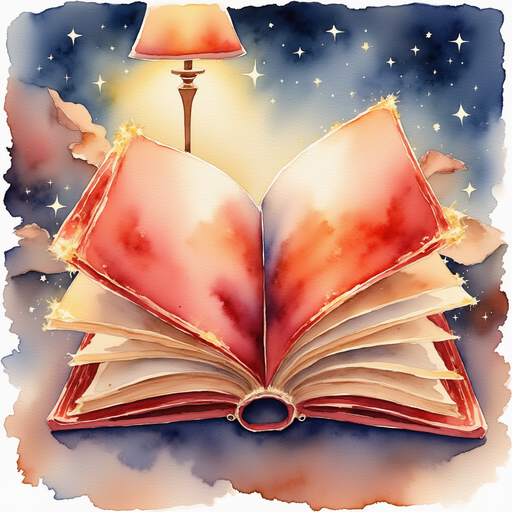 A giant red book with sparkling corners. In the background, a cozy lamp lighting the pages.