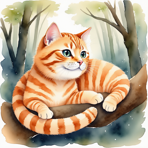 Illustrate the Top Hat friend, a whimsical creature similar to the Cheshire Cat, lounging on a tree branch with a mischievous grin. In the background, twisted and mysterious trees create a sense of wonder.
