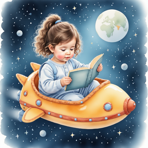 Sofia reading a space book in her spaceship.
