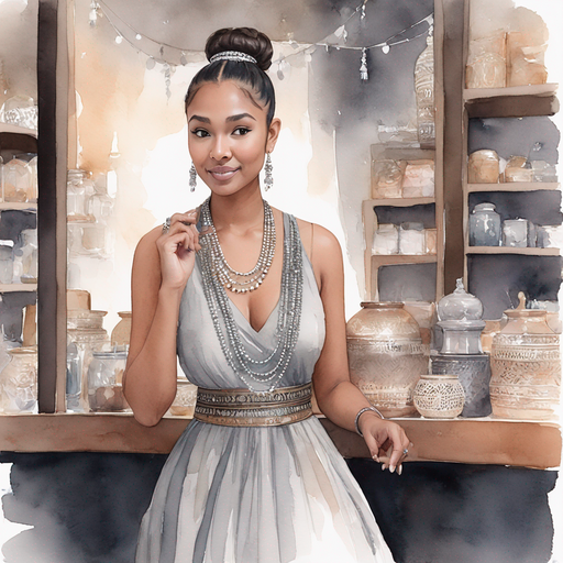 Ahgaddes wearing tribal pinned bun wearing silver and gray tribal gown worrying in a bustling fortune-telling shop.