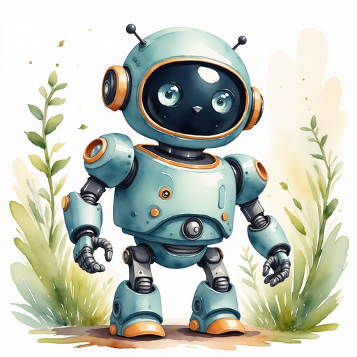 Blinky Sparx waving a metal hand In the background, twisty vines curl around the garden wall