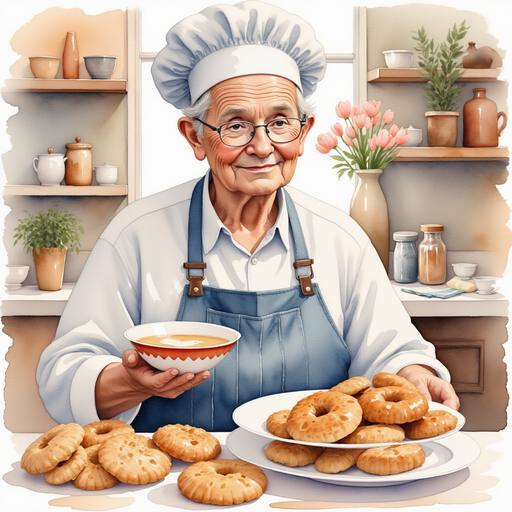 An old baker serving cookies