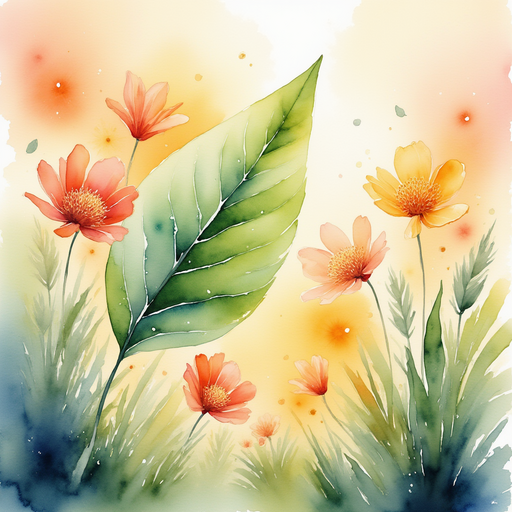 A large, shiny leaf glistens with tiny drops of dew. In the background bright sunbeams shine through tall, waving flowers.