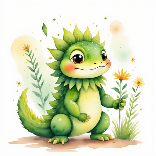 Blossom Sprout waters a small seedling, her big green leaves gently swaying as she smiles. In the background, colorful vines and dancing daisies.