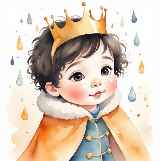 Show King Doodle Bum gazing happily at the raindrops. In the background, puffy marshmallow arches curve.
